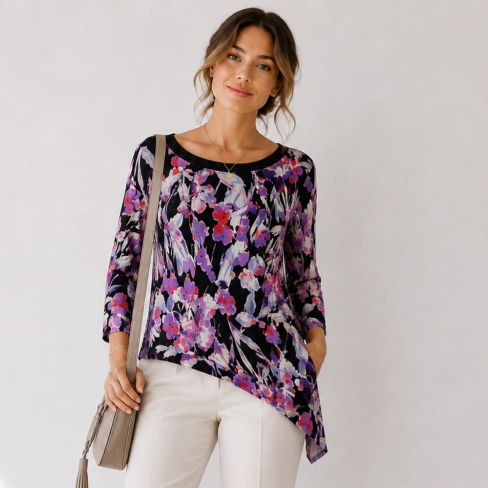 Susan Graver Liquid Knit Asymmetrical Top Women's Size XL Floral Boho Office